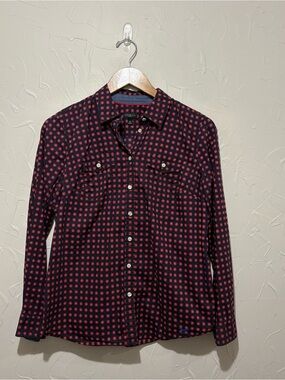 Talbots navy/red floral print full button-front shirt (size 10 petite)